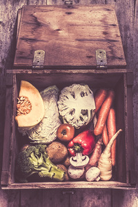 Fresh vegetables in wooden box