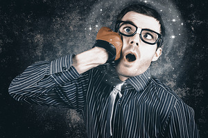 Funny businessman making impact with smashing idea