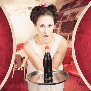 Female postcard pinup girl in 60s restaurant