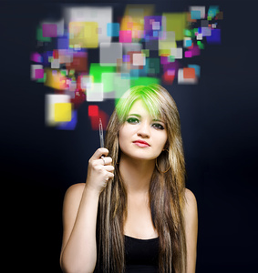 Woman accessing digital media with touch screen