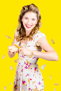 Woman in kitchen preparing vegetables. Good cook