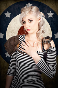 Military pin up woman taking airplane pilot oath