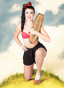 Vintage photo illustration. Smiling skater woman