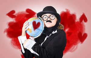 Eccentric man showing world love by cuddling globe