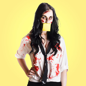 Deceased business woman with memo message on face