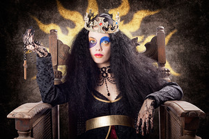 Storybook queen jester holding religious cross