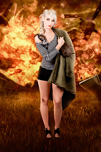 War pilot pin-up woman walking from plane crash