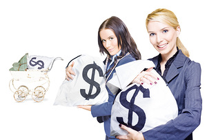Pretty young business women holding sacks of money