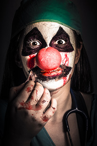 Horror clown girl in silence with stitched lips