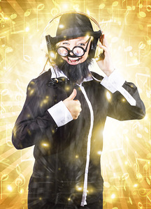 Man listening to FM radio broadcast with headphone