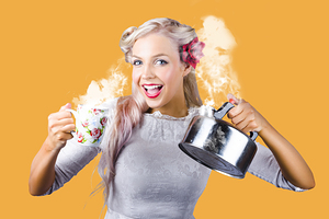 Pinup girl holding kettle and mug