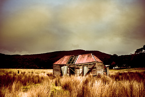 Collapsing old wooden farm building