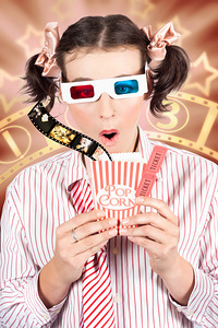 Funny Girl Watching 3D Movie At Cinema