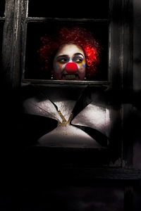 Head Of Clown In Dark Window