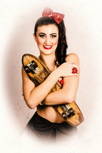 Vintage portrait of a pin-up model with skateboard Print