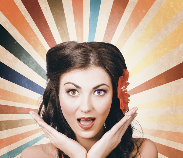 Beautiful retro brunette girl with surprised look Print