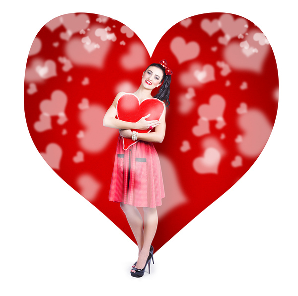 Valentines day woman holding love heart card Print
