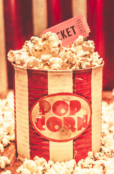 Retro tub of butter popcorn and ticket stub Print