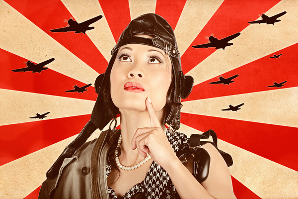 Retro asian pinup girl. War planes of revolution Print