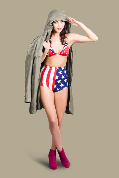 American army pinup girl. Stars and stripes salute Print