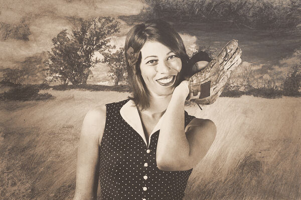 Retro pinup poster girl holding baseball in glove Print