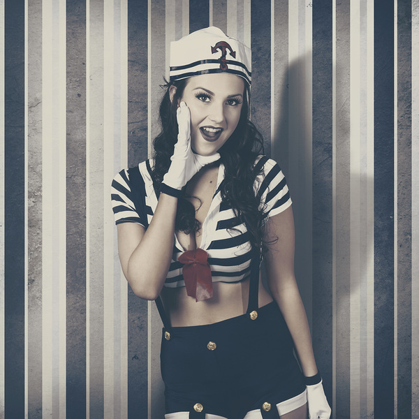Young retro pinup woman shouting maritime surprise Print