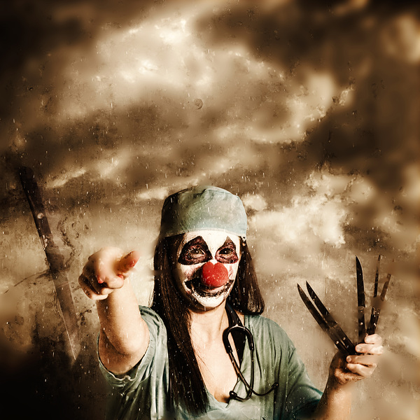 Scary clown doctor throwing knives outdoors Print