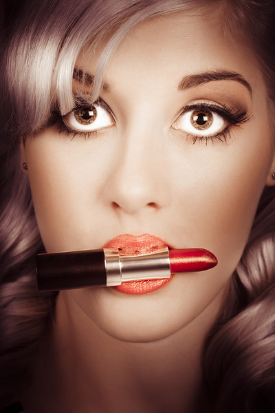 Surprised pinup girl with lipstick makeup in mouth Print