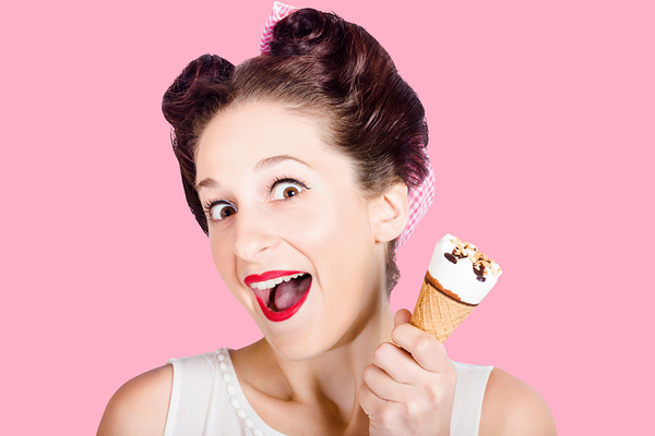 Funny pinup girl with ice cream in isolated studio Print