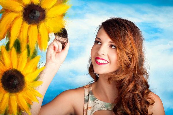 Female artist drawing sun flowers during summer Print