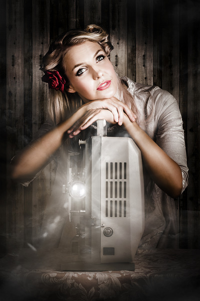 Vintage Beauty Watching Old Film Projector Movie Print