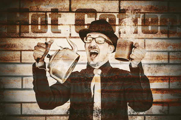 Old fashioned gent cheering to hot coffee Print