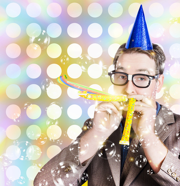 Amusement man in party hat celebrating a birthday bash Print