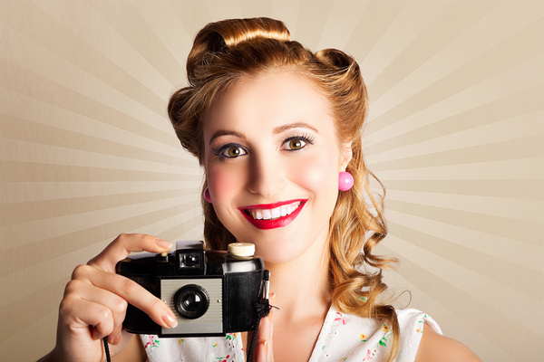 Young Smiling Vintage Girl Taking Photo Print