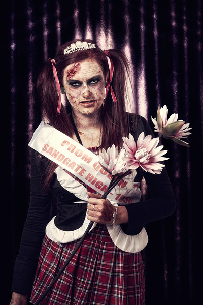 Evil zombie prom queen holding flowers on stage Print