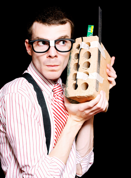 Male Nerd Inventor Holding Brick Mobile Telephone Print
