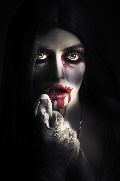 Scary vampire woman. Bloody halloween horror Print