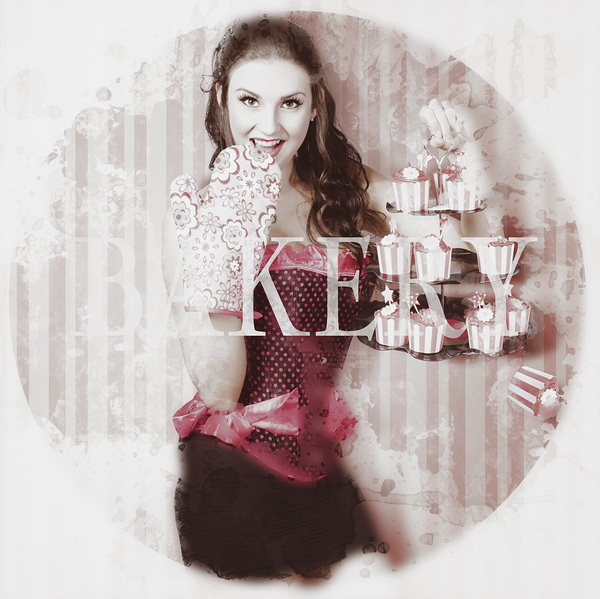 Pinup girl cooking up surprise treat in bakery Print