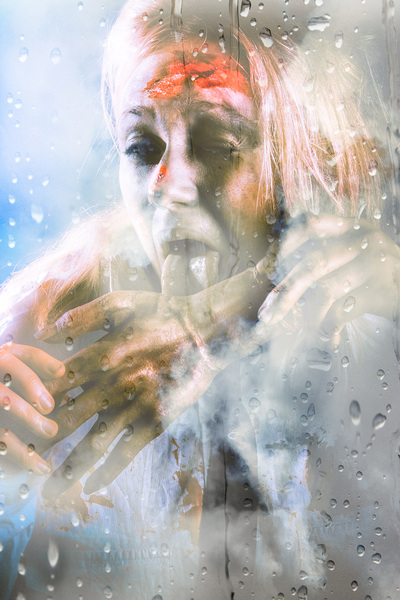 Scary horror zombie licking human hand at window Print