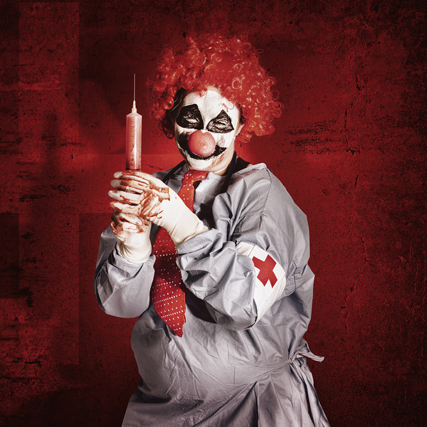 Dr Death clown with big red hypodermic needle Print