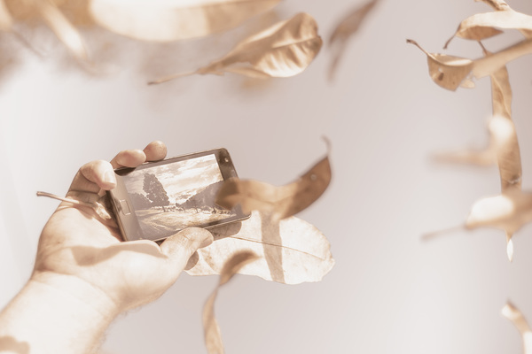 Smart phone catching a serene autumn landscape Print