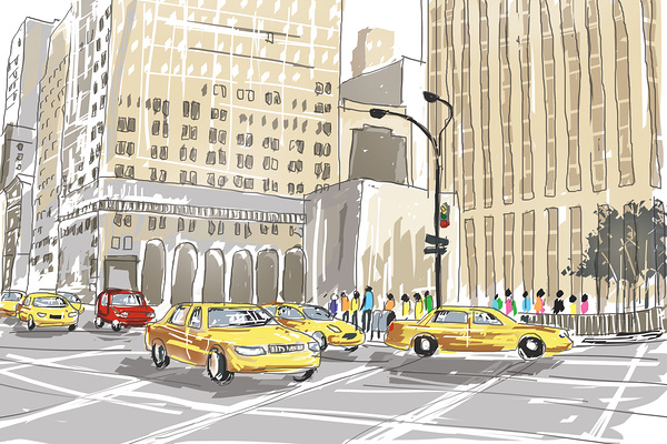Hand drawn sketch of a busy New York City street Print
