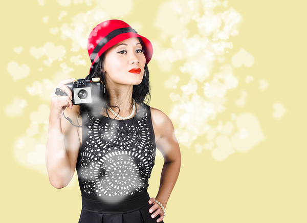 Photographer taking photos with retro film camera Print