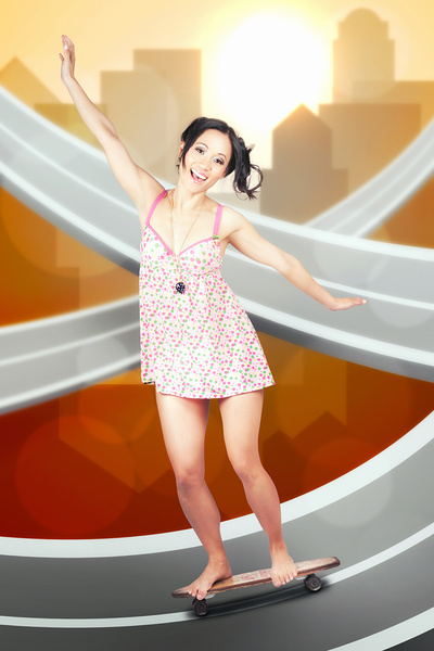 Beautiful smiling skater woman. City skateboarding Print