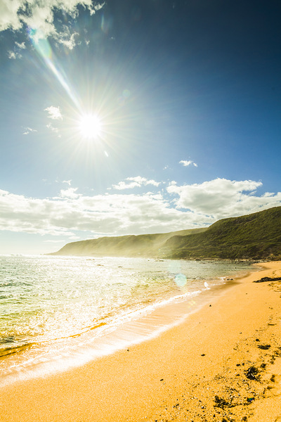 Beautiful coast with distant mountains Print