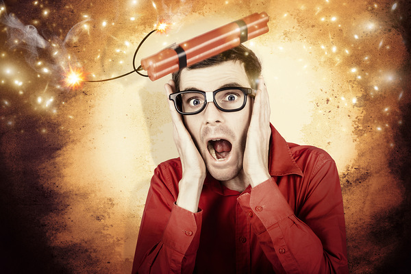 Nerd business man shouting out in fear of a bomb Print