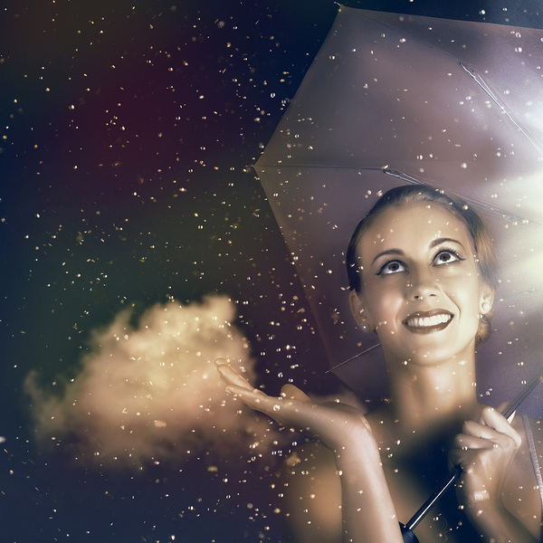 Happy Woman Walking Outside On A Rainy Summer Day Print