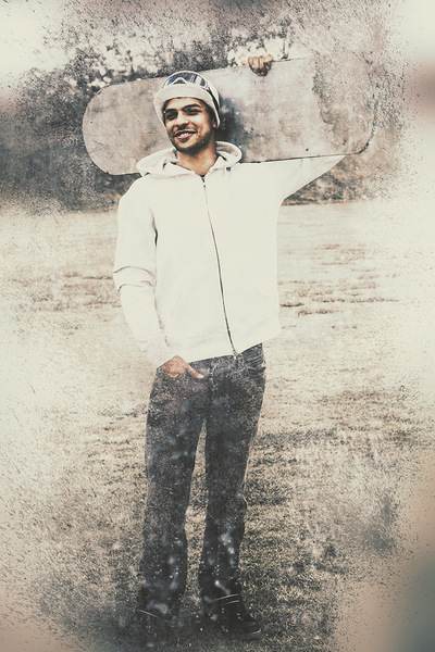 Vintage snowboarding man carrying board in snow Print