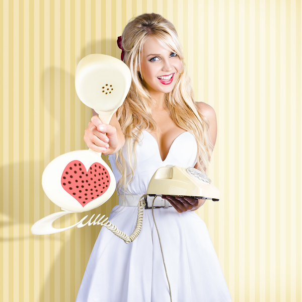 American Girl In Pinup Fashion With Retro Phone Print