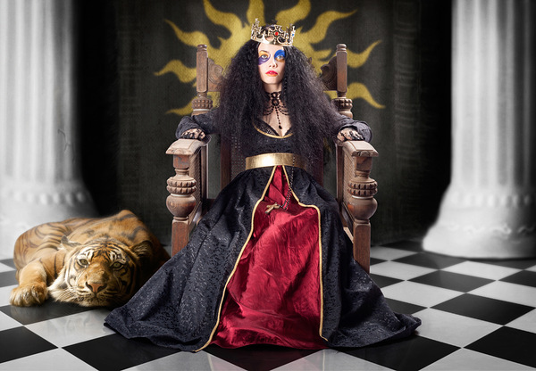 Fashion queen in crown sitting in jester court Print